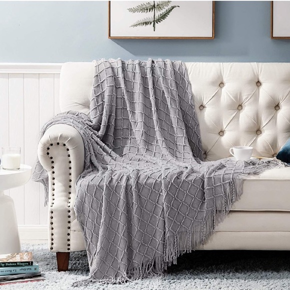 White Farmhouse Classic Chic Tassel Knit Throw Cozy Fringe Patterned Blanket - Picture 16 of 16